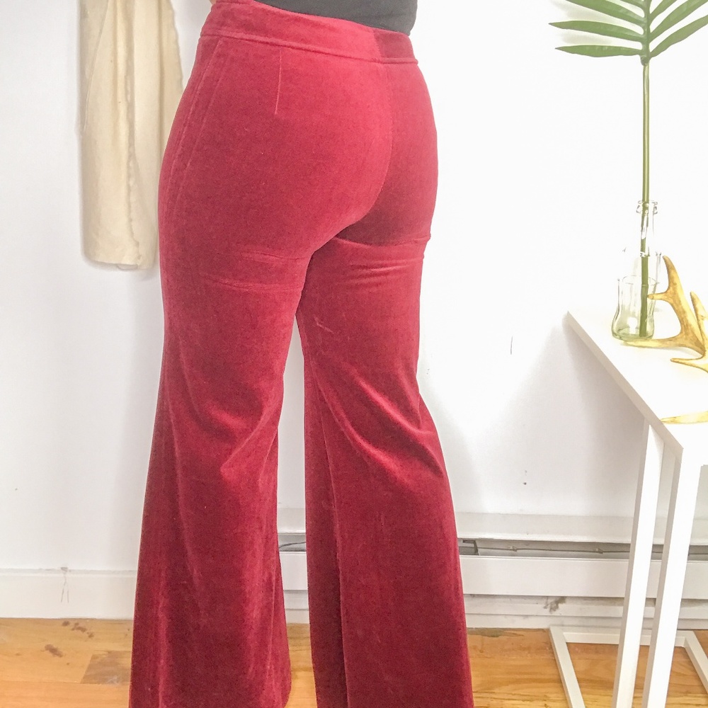 SOLD Vtg 70s Burgandy Velvet High Rise Flare Pants - Picture 5 of 6